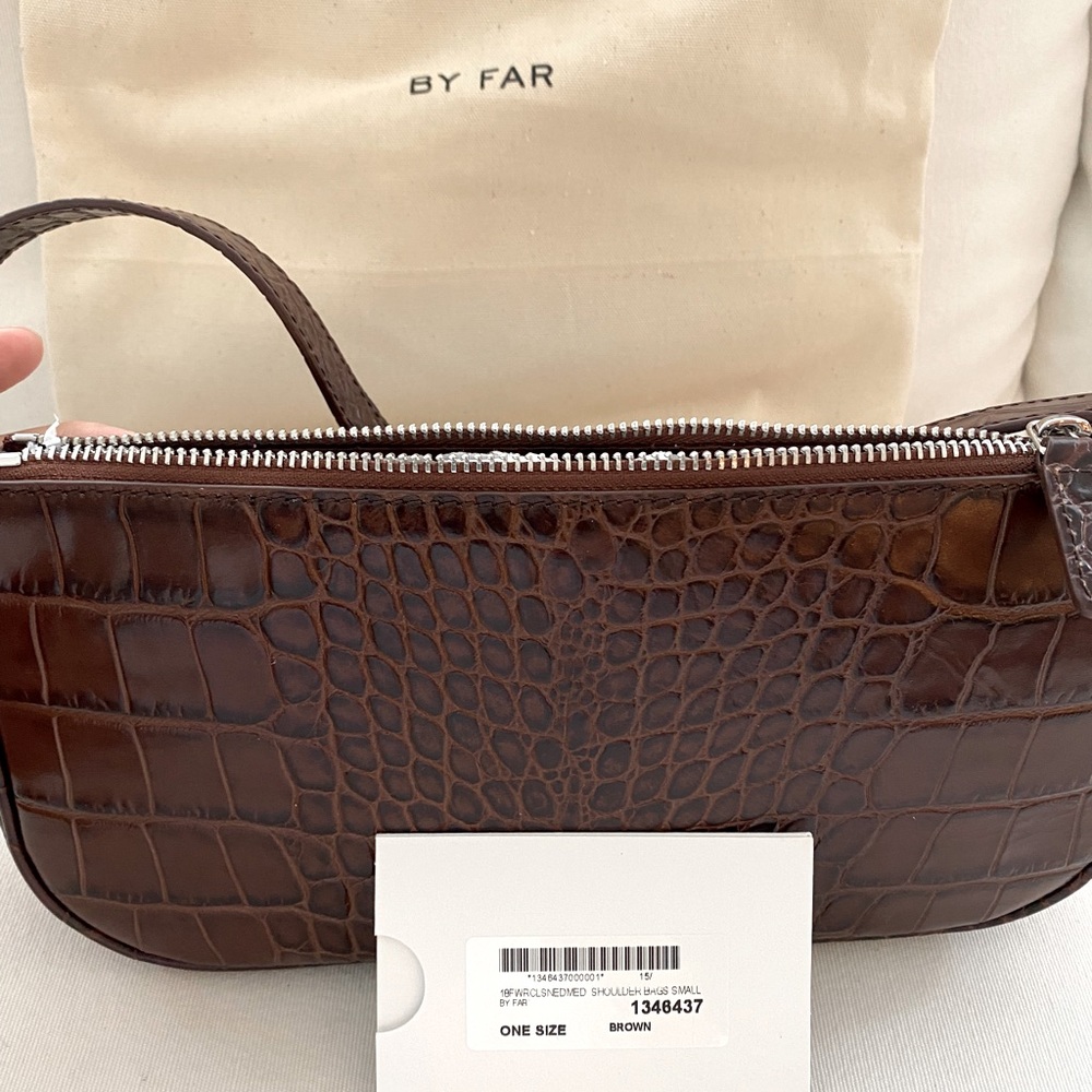 BY FAR Croc-Embossed Shoulder Bag in Dark Brown